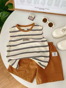 SHEIN 2pcs Young Boys' Casual Comfortable Versatile Striped Print Sleeveless Top And Solid Color Shorts Set - Brown - View 9