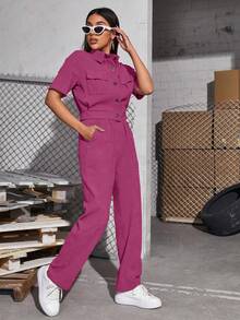 Mulvari 女士短袖工装口袋衬衫和裤子套装 2 件套 - 玫紅色 - 查看 5