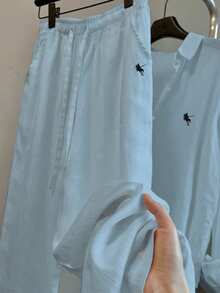 Franclia New Vintage Casual Linen Loose Drawstring Long Sleeve Solid Color Horse Embroidery Straight Leg Pants Women 2 Pieces Set - Blue - View 3