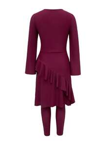 Swim Mulvari Women's New Burgundy Burkini Two Pieces Swimwear, Top Fashionable Maxi Dress Paired With Slim Fit Bottoms, Modest Beach Party Swimwear Set - Burgundy - View 8