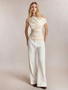 BizChic 夏季新款奶油色不对称剪裁不对称领口肩部褶皱镂空腰部收褶修身纹理针织弹力T恤，百搭夏季服饰 - 杏色 - 查看 3