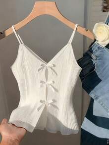 Resyla Camiseta sin mangas de tela texturizada con lazo decorativo, unicolor, estilo casual y dulce para mujer de talla grande - Blanco - Ver 1