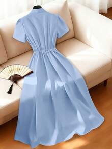 SHEIN Franclia 女士优雅纯色纽扣装饰短袖连衣裙 - 淺藍色 - 查看 2