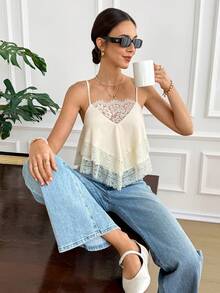 Serisse 女士夏季性感度假风纯色撞色蕾丝宽松吊带背心 - 杏色 - 查看 1