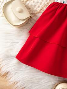 Souflis Souflis 2pcs/Set Baby Girls' Sweet Cute Lace Peter Pan Collar Short Sleeve Bow Dress & Hat Set, Suitable For Summer, Vacation & Party - Red and White - View 7