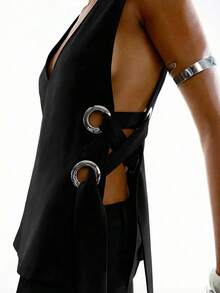 LYSMO 2026新款极简春夏女装时尚性感纯色双层无袖金属镂空开衩背心 / 夏季女装 / 夏季假期 / 春季女装 / 春假 / 春季上衣 / 狂欢节服装 / 2026狂欢节女装 / 派对上衣 - 黑色 - 查看 4