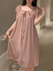 DAZY Lovely Lightweight Ruffled Mesh Women's Nightgown Pajama - Baby Pink - View 4