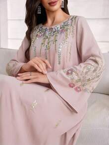 Al Najma Đầm nữ thanh lịch cổ tròn thêu hoa đính sequin dáng rộng, thích hợp cho mùa thu. - Màu Hồng baby - Xem 3