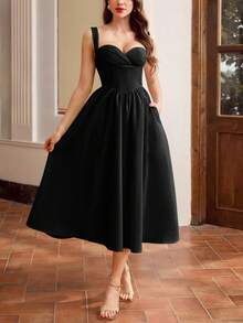 Vintamour Vintage elegantes Damenkleid mit Taschen, Bustier-Kleid mit Herzausschnitt, plissiert, Lässig Urlaubsparty-Kleid, Sommerkleid für Damen, Sommerurlaubs-Outfit, Frühlingsoutfit für Damen, Frühlingskleid für Damen, Frühlingsbreak-Outfit, Valentinstag, Valentinstagkleid, elegante Kleider für Partys, Kleider für Damen, elegante Partykleider, Partyoutfit, Hochzeitsgast-Kleid für Damen, Hochzeitsparty-Kleid, elegante Kleider für Damen, elegantes langes Kleid - Schwarz - Übersicht 6