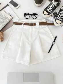 SHEIN Holidaya Women's Solid Color Pocket Casual Versatile Daily Wear Shorts - White - View 4