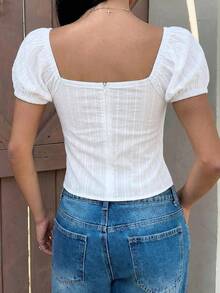 MainGRL 夏季休闲度假风白色短袖衬衫，带纹理泡泡袖，白色棉质上衣，系带前襟上衣，棉质衬衫 - 白色 - 查看 2