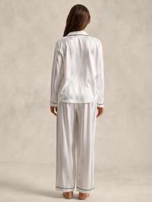 Contrast Piping Satin Pajama White Set, Fall Winter Clothes Cozy And Elegant Details - White - View 2