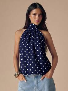 SHEIN BAE Black & White Polka Dot Backless Halter Neck Sexy Crop Top, Suitable For Music Festivals, Vacations,Summer Top - Navy Blue - View 4