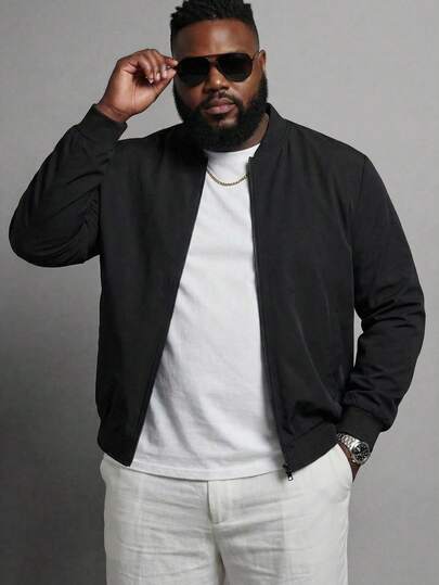 KRYTIVO Áo khoác bóng chày dài tay màu trơn dáng rộng dành cho nam cỡ lớn, có khóa kéo.