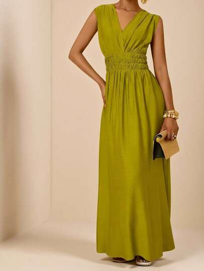 Vesra 女士纯色V领褶皱腰身优雅长连衣裙，适合约会和派对穿着