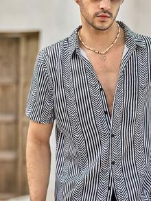 Camisa de manga corta a rayas negras para hombre, con botones delanteros, para verano/primavera/otoño, camisa abotonada, ligera, transpirable, fresca, casual, cómoda, a juego para parejas - Negro - Ver 7