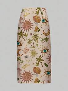 ROMWE Fairycore Chân váy nữ gợi cảm, ôm sát, in hình cây cọ, xẻ tà cao, thích hợp cho kỳ nghỉ biển, có xếp ly, phù hợp cho đi chơi. - trắng - Xem 2