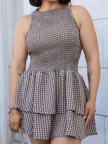 Lupita Cardoza Vestido mini ajustado sin mangas a cuadros azules, estilo francés dulce para vacaciones, primavera/verano - Multicolor - Ver 4