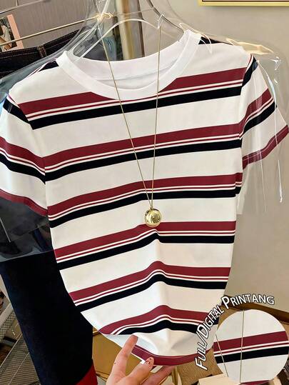 Resyla T-shirt décontracté à col rond rayé à manches courtes pour femmes, été