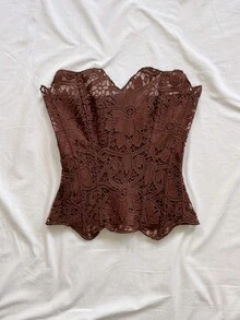 Soleia 女士水溶性蕾丝抹胸修身时尚上衣 - 咖啡棕 - 查看 3