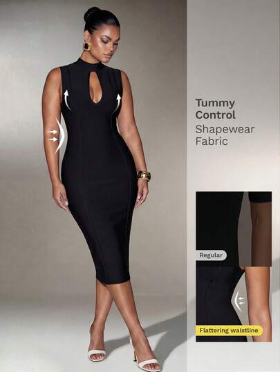Nuvra Plus Size Slimming Mock Neck Cutout Sleeveless Bodycon Bandage Cocktail Dress