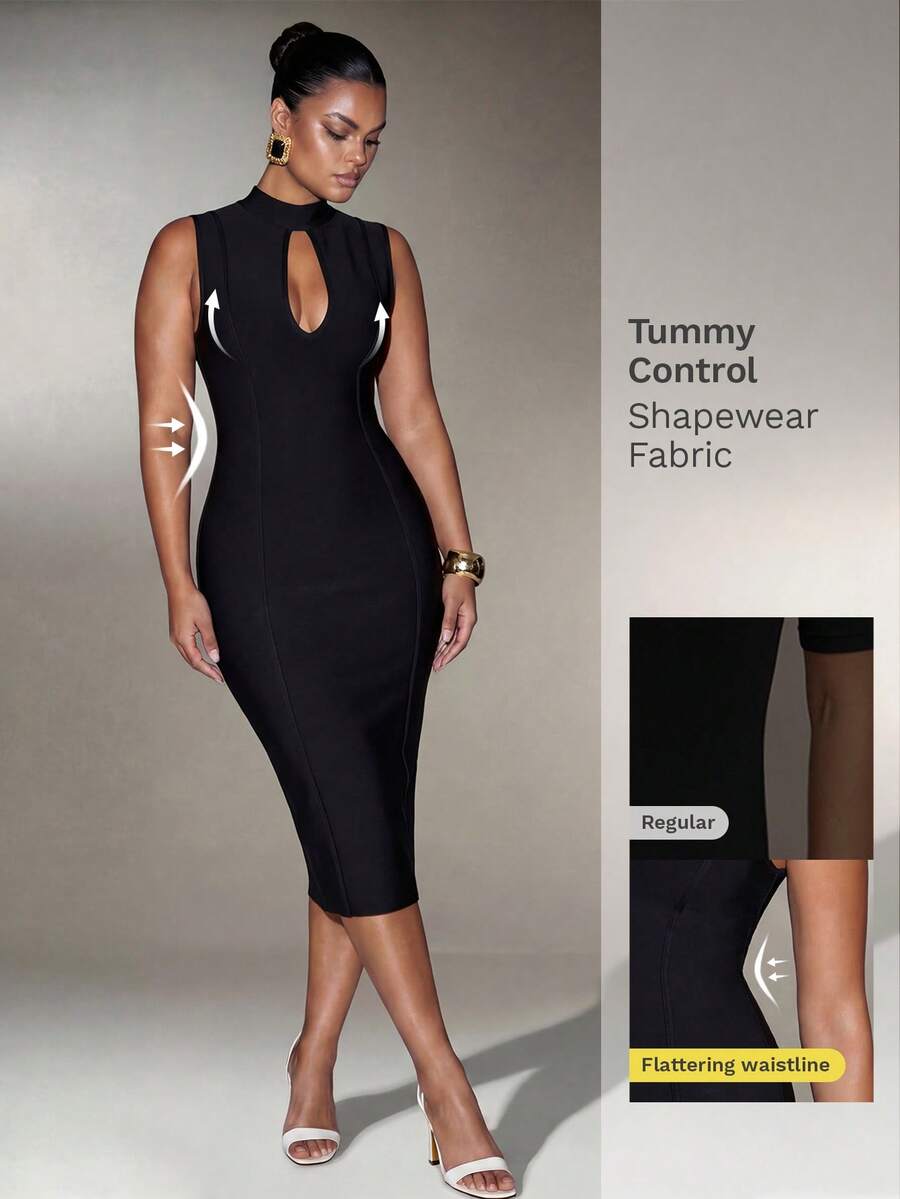 Nuvra Plus Size Slimming Mock Neck Cutout Sleeveless Bodycon Bandage Cocktail Dress - Black - View 1
