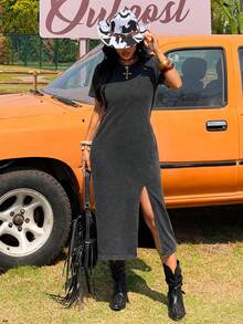 SHEIN EZwear 女士黑色针织短袖开衩下摆休闲连衣裙，夏季 - 黑色 - 查看 3