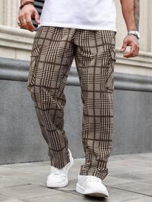 Manfinity Homme Plus Size Men's Fashionable Plaid Print Straight Leg Pants - Khaki - View 4