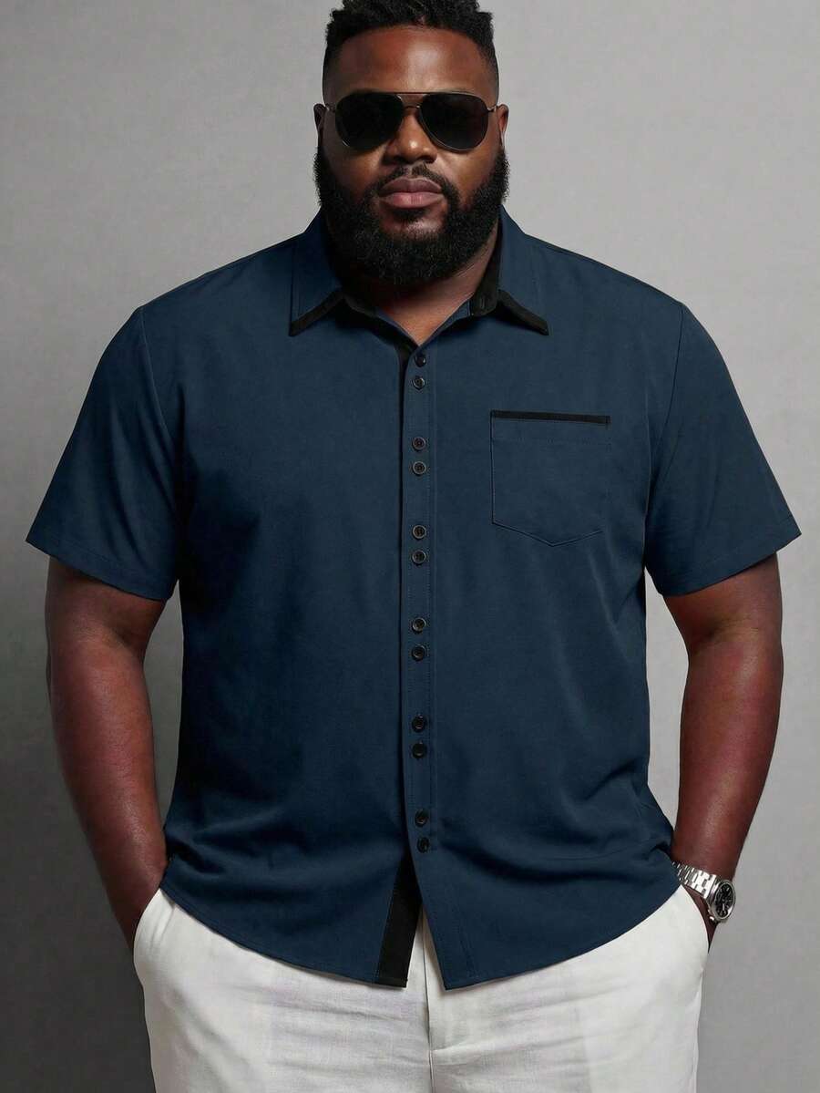 KRYTIVO Men's Plus Size Casual Short Sleeve Shirt, Summer Men Short Sleeve Dress Shirt Men Dress Shirt Men Button-Down Shirt,Versatile Items For Daily Commuting, Travel, Vacation And Outings,Husband And Boyfriend Gifts For Friends,Casual And Simple Style, Urban Mature Style, British Gentleman Style - Navy Blue - View 1