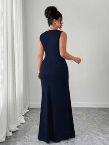 Elenzga Vestido de línea A sin mangas, cuello redondo, elegante para mujer, con diseño de fruncido en la cintura, de tejido de punto liso - Azul - Ver 2