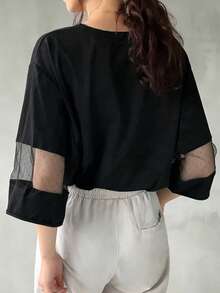 FRIFUL Women's Casual Solid Color Mesh Patchwork T-Shirt, Summer - Black - View 3
