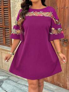 Weeklong Gaun A-Line Ukuran Plus Warna Magenta, Musim Panas, Elegan, Liburan, Gaun Kasual Ukuran Besar dengan Bordir Motif Tanaman, Patchwork Jala, Rajutan Lembut, Leher Perahu, Lengan Setengah Berumbai - Red Violet - View 3