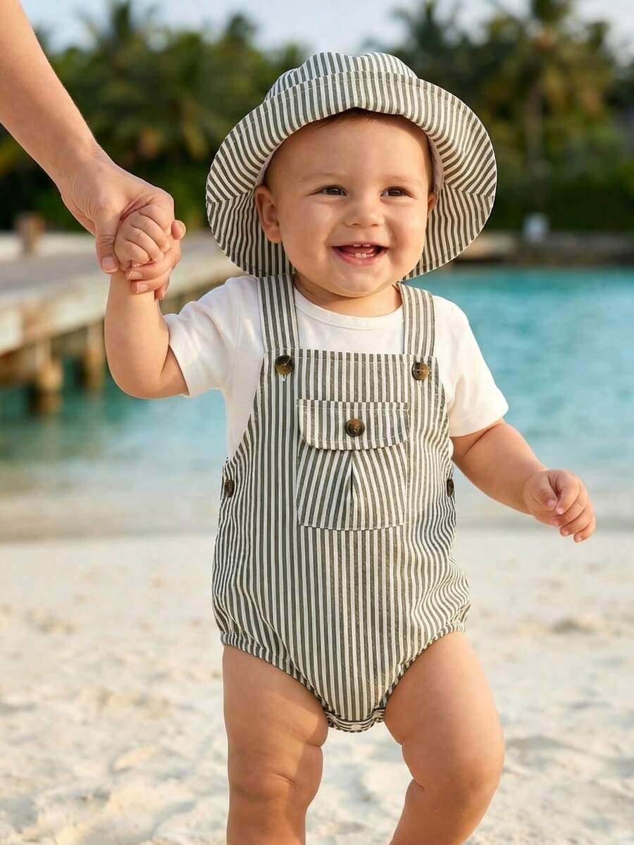 SHEIN Playful Pals 2件裝新生兒男嬰/女嬰中性服裝套裝 綠白條紋吊帶連身褲 夏季休閒度假款 極簡風 0-3歲 - 綠色 - 查看 1