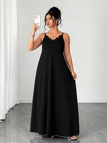 Elenzga Spring/Summer New V-Neck Casual Sleeveless Patchwork Lace Dress, Plus Size - Black - View 6
