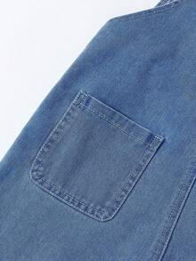 SHEIN 女童牛仔背带短裤，夏季新款甜美时尚中蓝色水洗牛仔布，蝴蝶刺绣做旧毛边设计，可调节肩带，舒适优质棉质牛仔布，日常基础款，适合上学、度假等各种场合，儿童背带裤，适合青少年女孩穿着。 - 深色水洗藍 - 查看 4