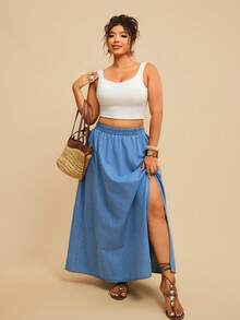Travachic Plus Size Solid Color High Slit Elastic Waist Denim Skirt - Medium Wash - View 7