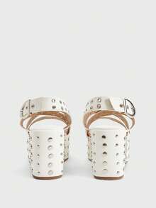 Sugerpunk Ladies, Spike Buckles, Lame-Heeled Platform Sandals. 2000s Style Summer Shoes - White - View 3