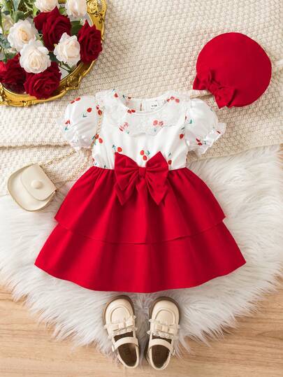 Souflis Souflis 2pcs/Set Baby Girls' Sweet Cute Lace Peter Pan Collar Short Sleeve Bow Dress & Hat Set, Suitable For Summer, Vacation & Party