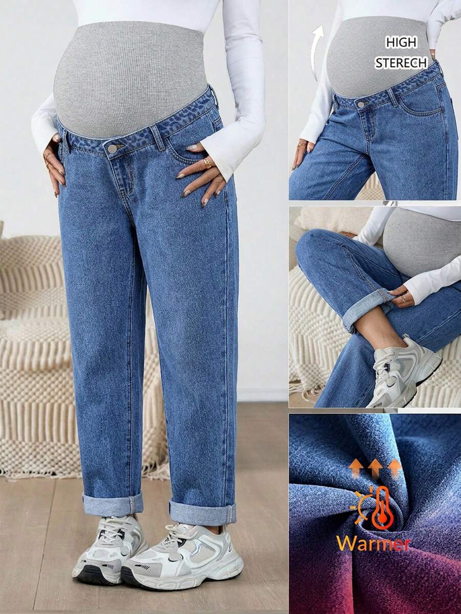 SHEIN 孕妇款卷边浅蓝色休闲牛仔裤，适合秋冬季节、万圣节、圣诞节、新年、感恩节等各种场合，百搭款式，带腰带环，Y2K风格，可爱派对街头风，科技感十足，适合生日、机场等各种场合，妈妈款低腰宽松牛仔裤，保暖内衬牛仔裤 - 深色水洗藍 - 查看 1