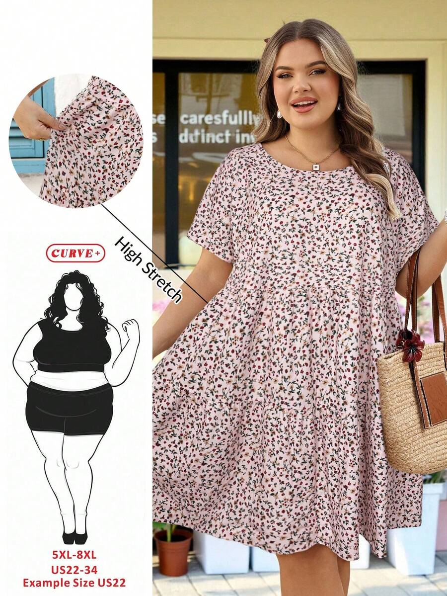 SHEIN CURVE+ Curve 尺码 US22 音乐节、海滨度假、波西米亚风女士春夏连衣裙 女士复古连衣裙 - 粉色 - 查看 1