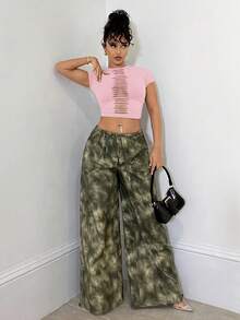 SHEIN BAE Áo thun kaki bó sát, màu trơn, kiểu dáng grunge, khoét lỗ, thích hợp cho các lễ hội âm nhạc, buổi hòa nhạc và mặc thường ngày. - Bụi hồng - Xem 5