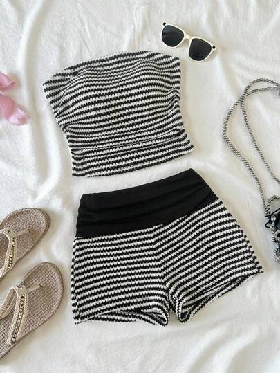 SHEIN Tween Girls Casual Striped Tank Top & Shorts Set