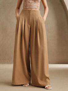 Anewsta Women's Spring Fashionable High-Waisted Pleated Wide-Leg Loose Draping Suit Pants - Khaki - View 4