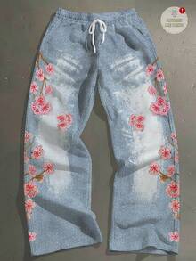 Manfinity EMRG 男女皆宜的仿牛仔街头风梅花刺绣休闲喇叭裤 - 彩色 - 查看 1