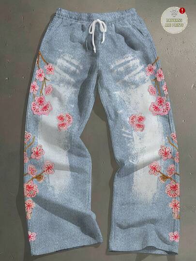 Manfinity EMRG 男女皆宜的仿牛仔街头风梅花刺绣休闲喇叭裤