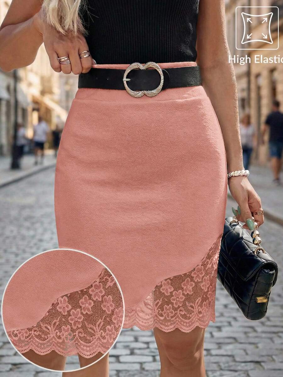Editum 女士新款时尚优雅蕾丝拼接及膝半身裙，适合日常、通勤和户外活动等多种场合。 - 粉色 - 查看 1