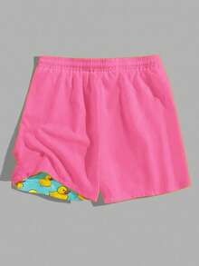 VIVINTIMO Quần short đi biển nam lót lụa sữa, in hình hoạt hình, cạp chun, có dây rút, thích hợp cho kỳ nghỉ. - Hồng - Xem 3