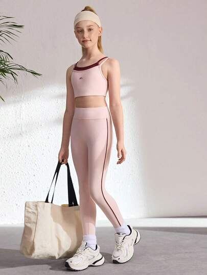 SHEIN Conjunto deportivo informal de niña preadolescente con chaleco sin mangas de tela elástica rosa con estampado de café, pantalones largos deportivos de tela elástica, cómodo y amigable con la piel