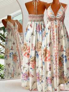 Sweetra 波西米亚风印花沙滩吊带裙 - 亮橙色 - 查看 2