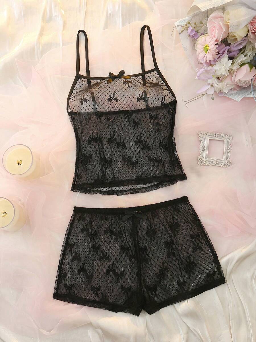 Bộ đồ lót gợi cảm bằng vải lưới jacquard màu đen có nơ dành cho nữ - màu đen - Xem 1